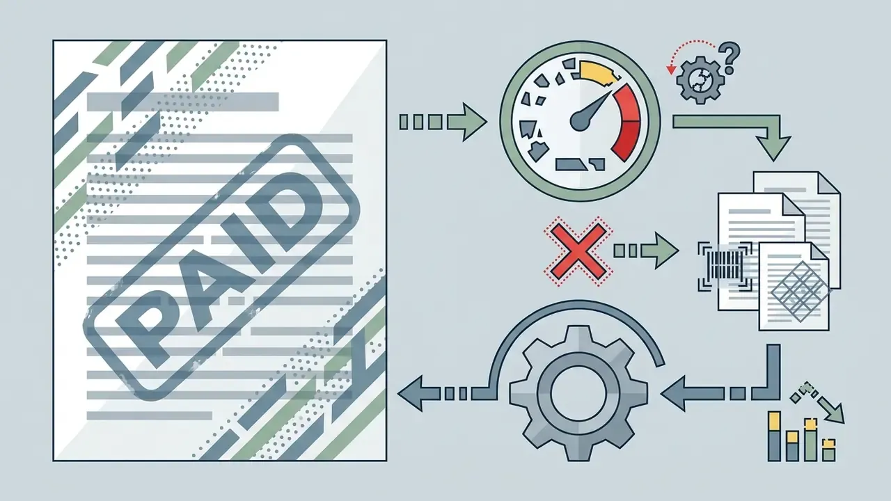 Stamped document flowing through a gauge and gear mechanism to highlight processing errors