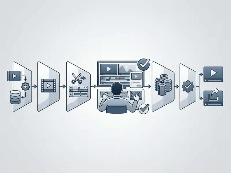 Diagram showing a human operator reviewing and approving automated video editing steps before final export