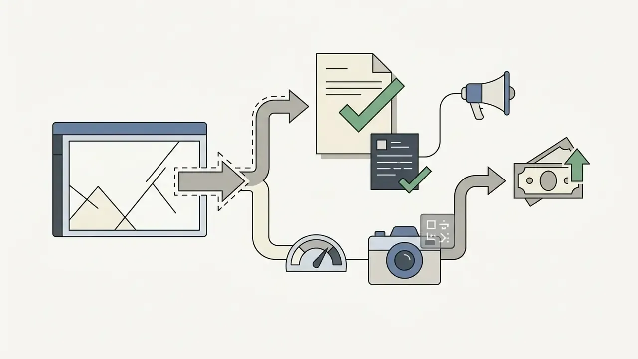 Flowchart showing image generation paths leading to document approval, advertising, and financial gain