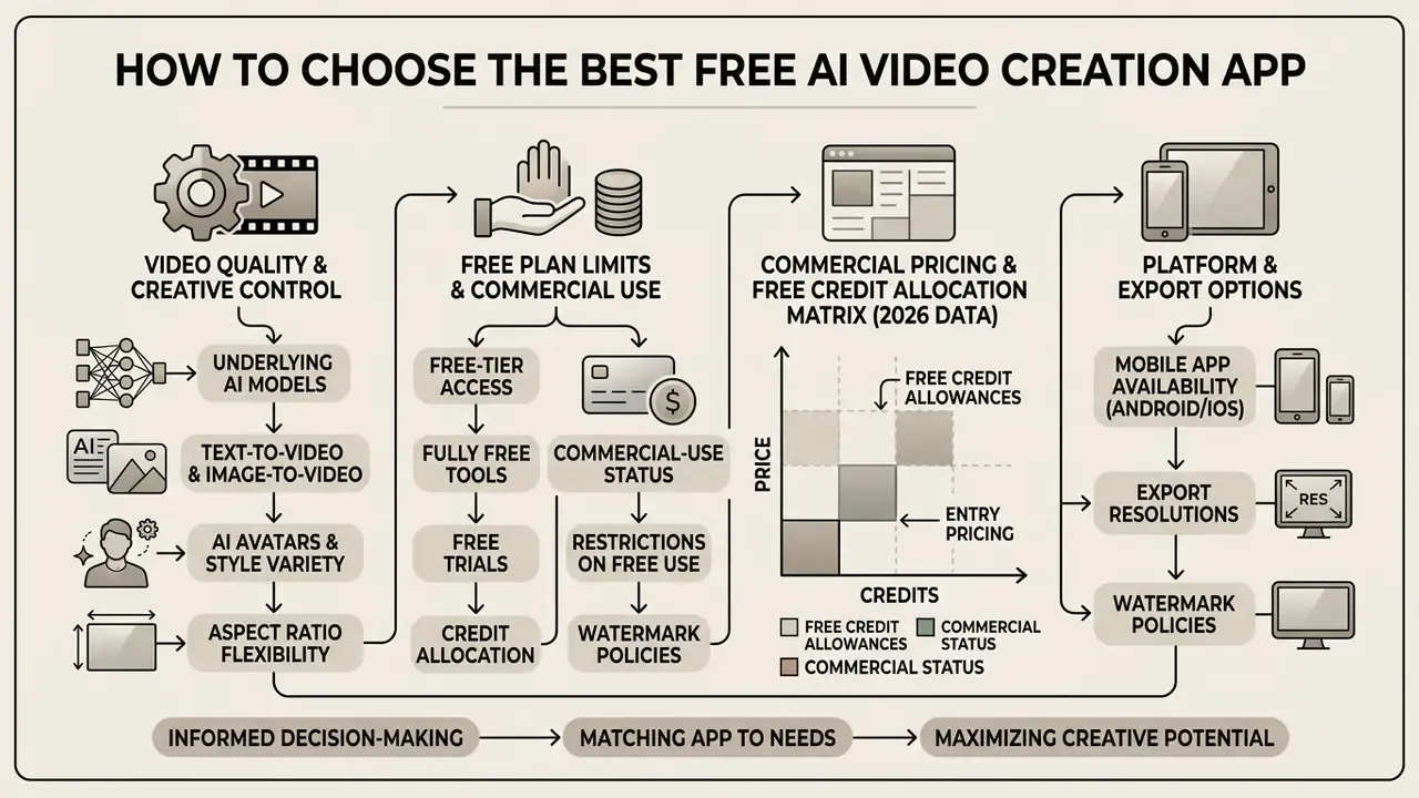Flowchart outlining criteria for selecting a free AI video generator app based on features and pricing