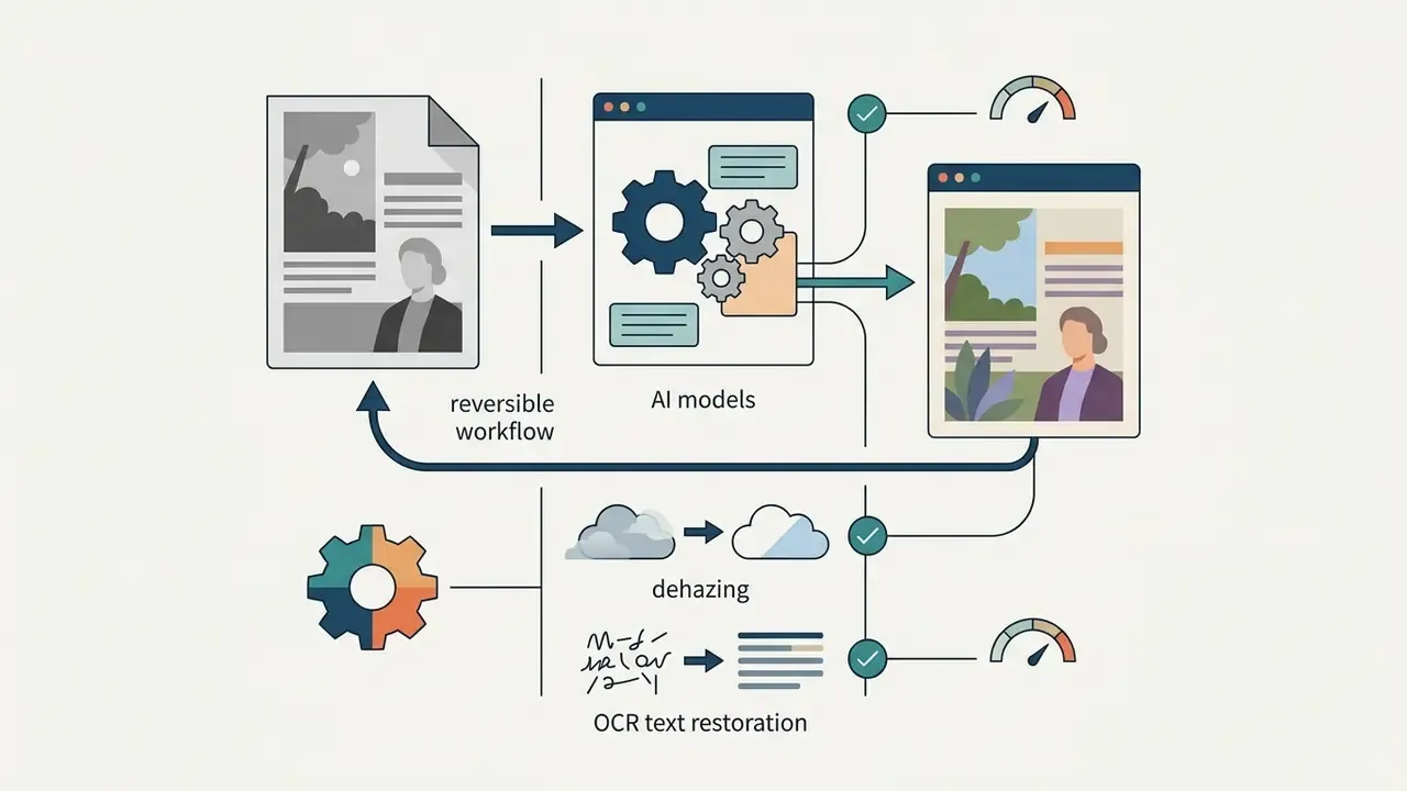 Technical workflow showing AI models for colorization, dehazing, and text restoration in a loop
