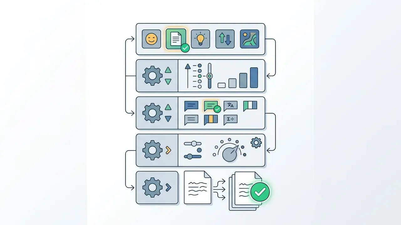 Vertical sequence of icons representing configuration panels for adjusting tone, language, and intensity