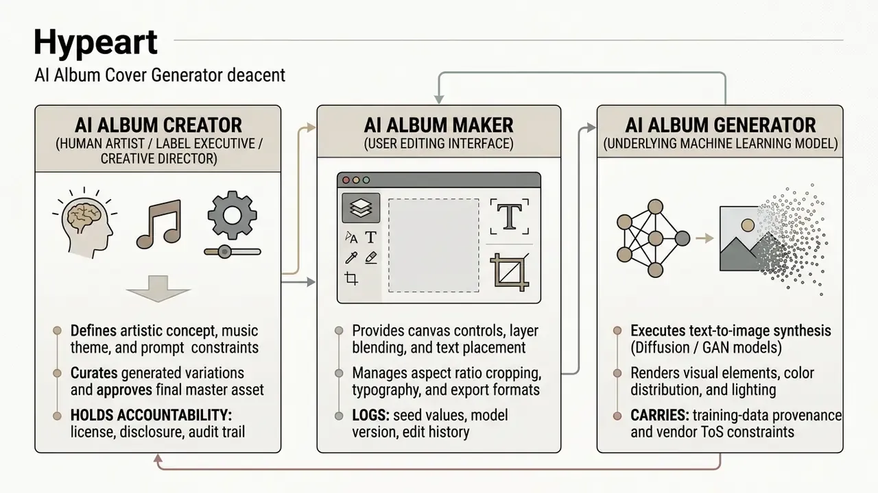 Flowchart showing the roles of an AI album creator, maker, and generator in the creative process