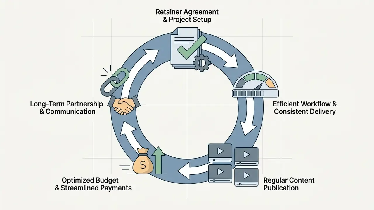 Circular process cycle showing contract setup, workflow, content delivery, payments, and communication