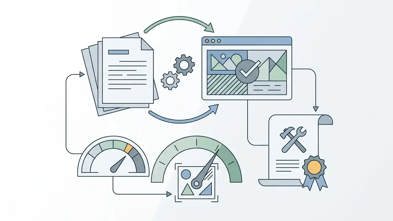 Documents and a software interface exchange data through gears, gauges, and a certified tool icon