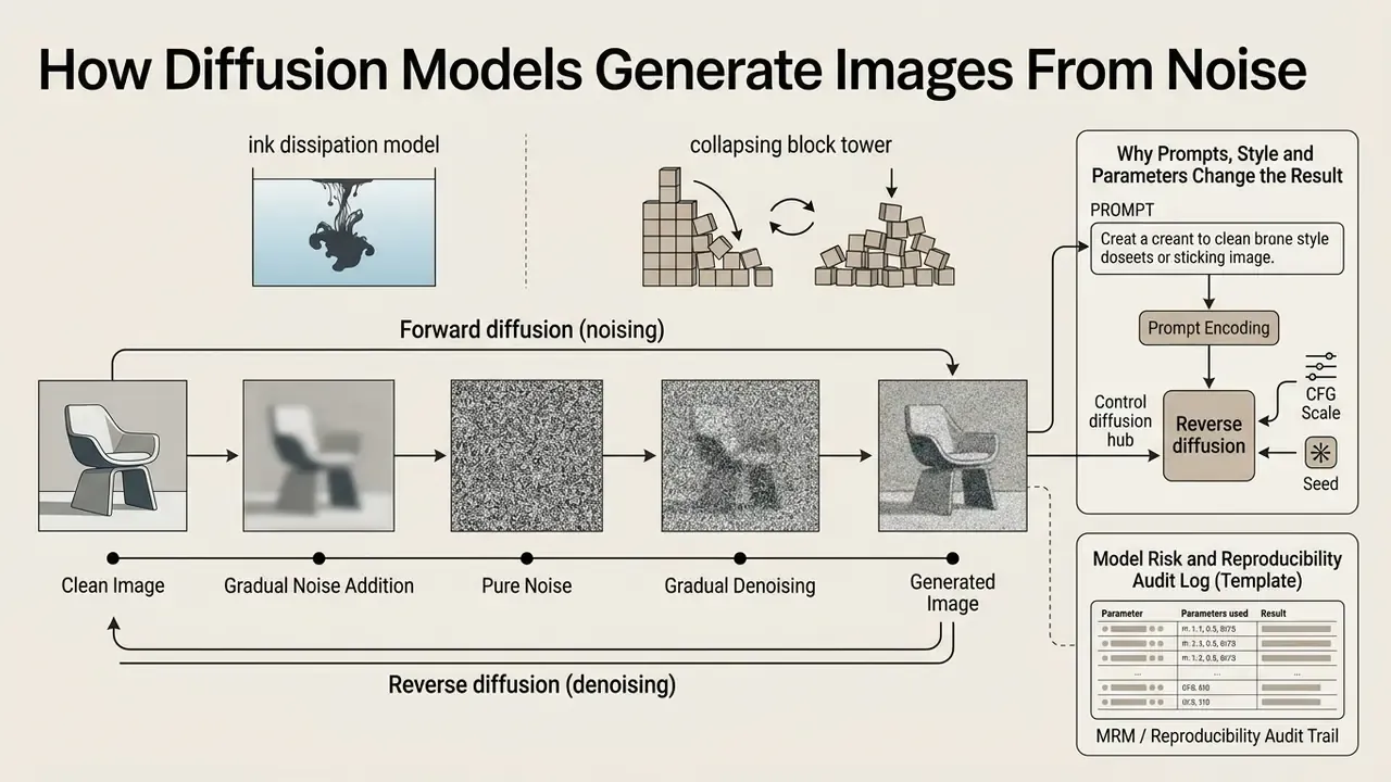 Visual breakdown of forward noising and reverse denoising cycles used to create images from random data