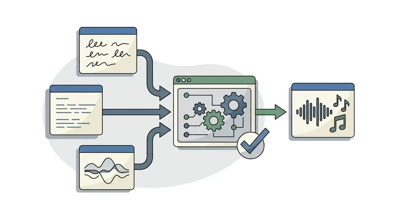 Diagram showing text, lyrics, and audio inputs being processed by the Udio AI music generator engine