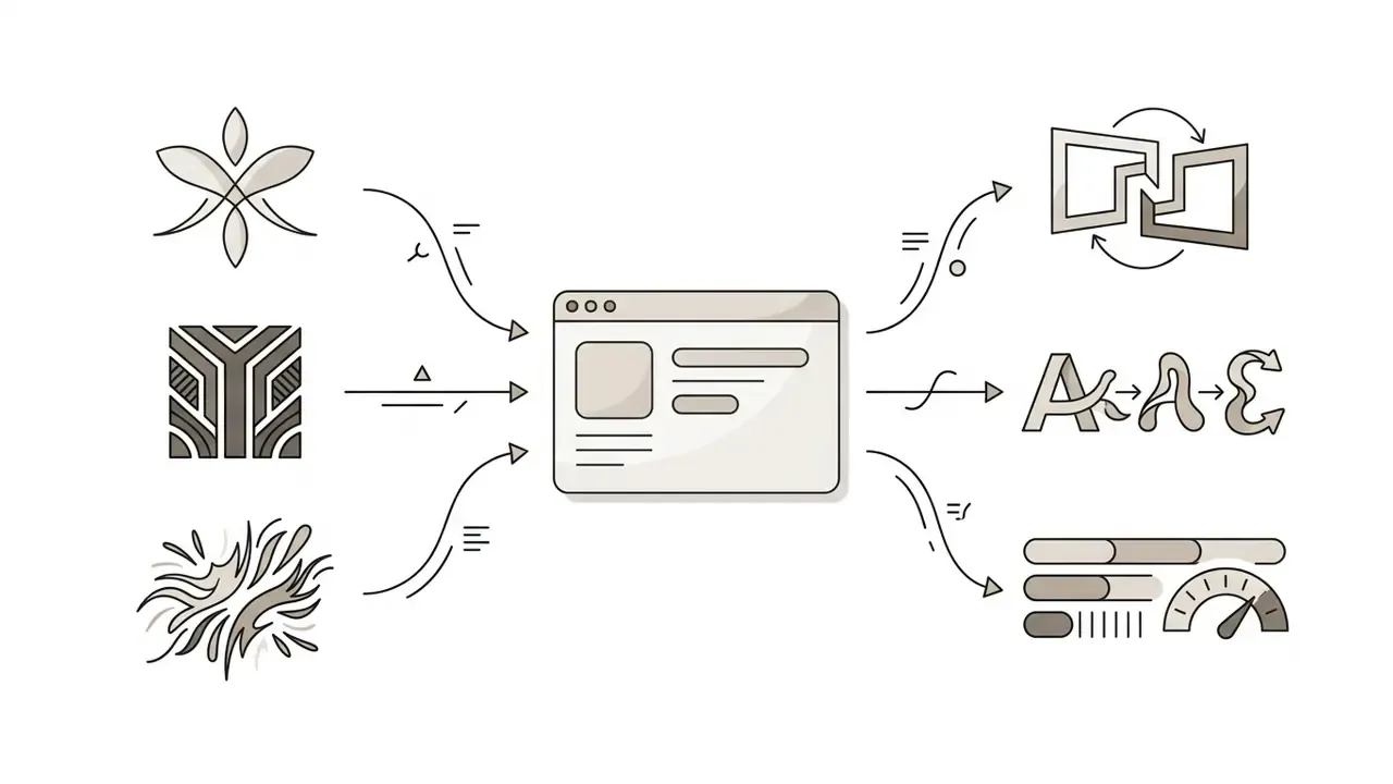 Three distinct visual style icons feeding into a central window that outputs transitions and animations
