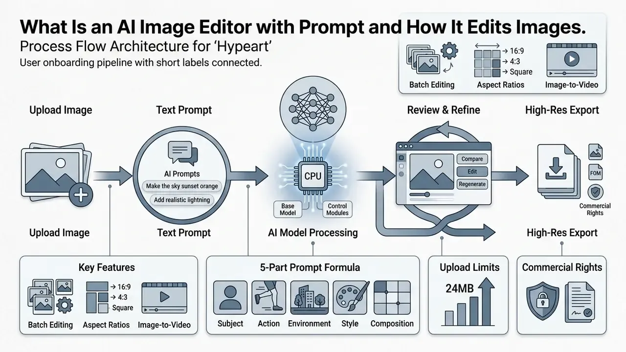Flowchart showing an AI image editor with prompt pipeline from file upload to final high-resolution export