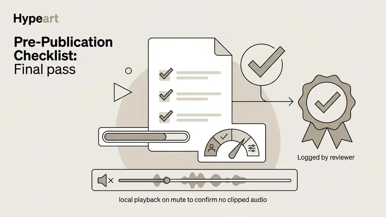 Document with checked boxes connected to a gauge and a ribbon seal icon above a muted audio timeline