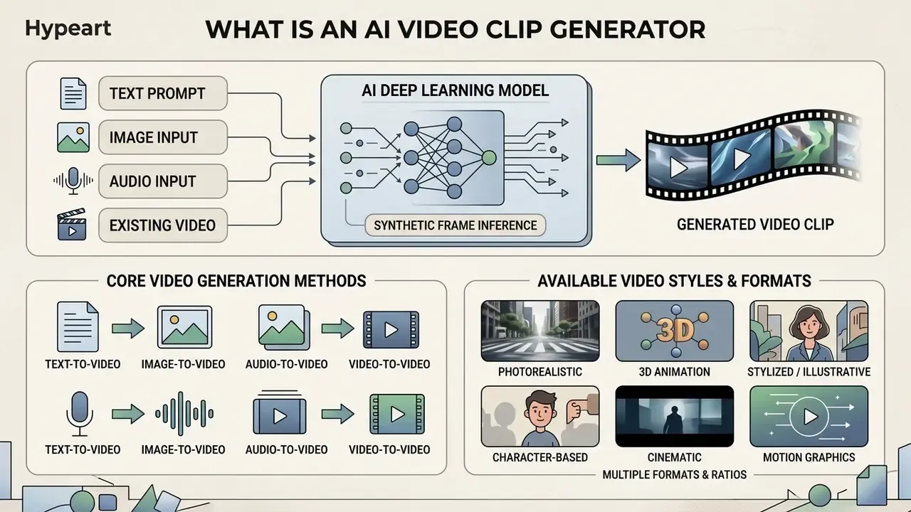Diagram showing how AI deep learning models process various inputs to create synthetic video clips
