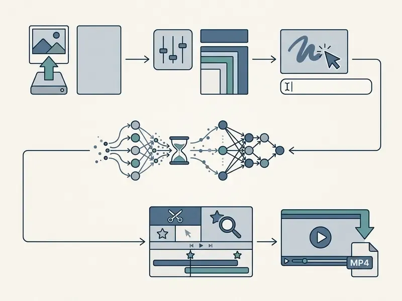 Step by step diagram showing photo upload, motion brush settings, neural network processing, and MP4 export
