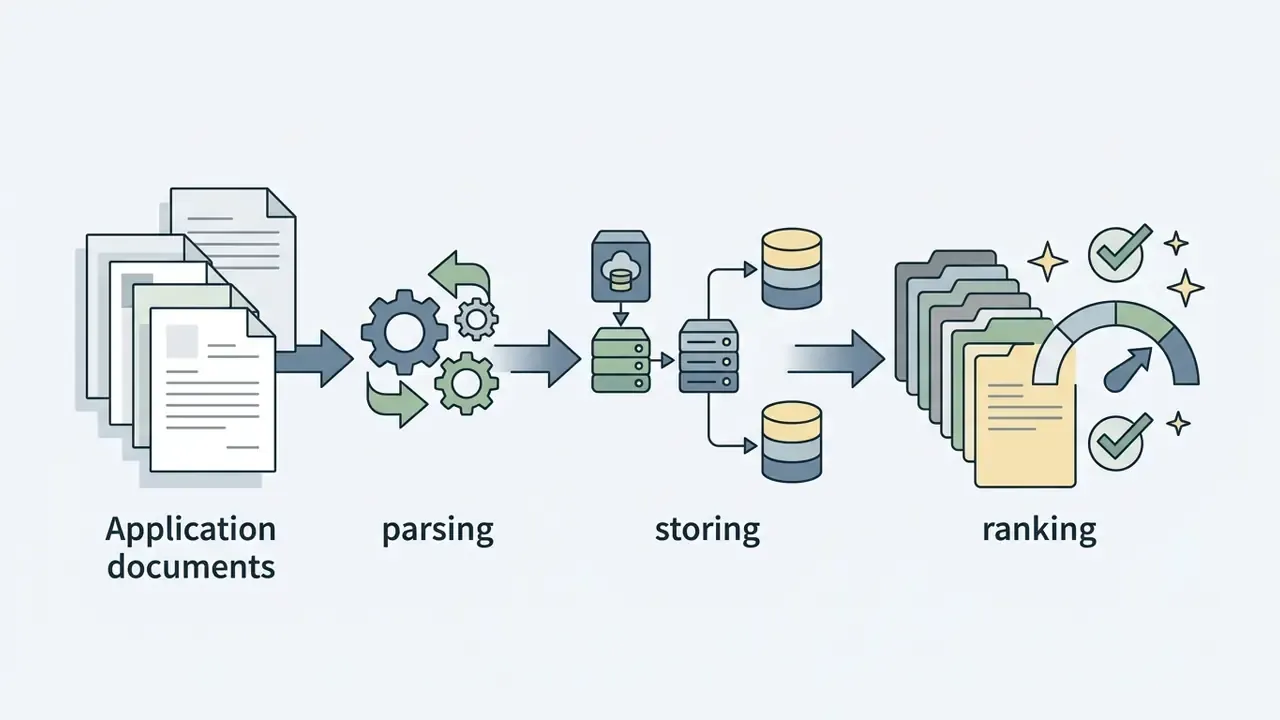 Sequence of application documents moving through parsing, data storage, and final candidate ranking