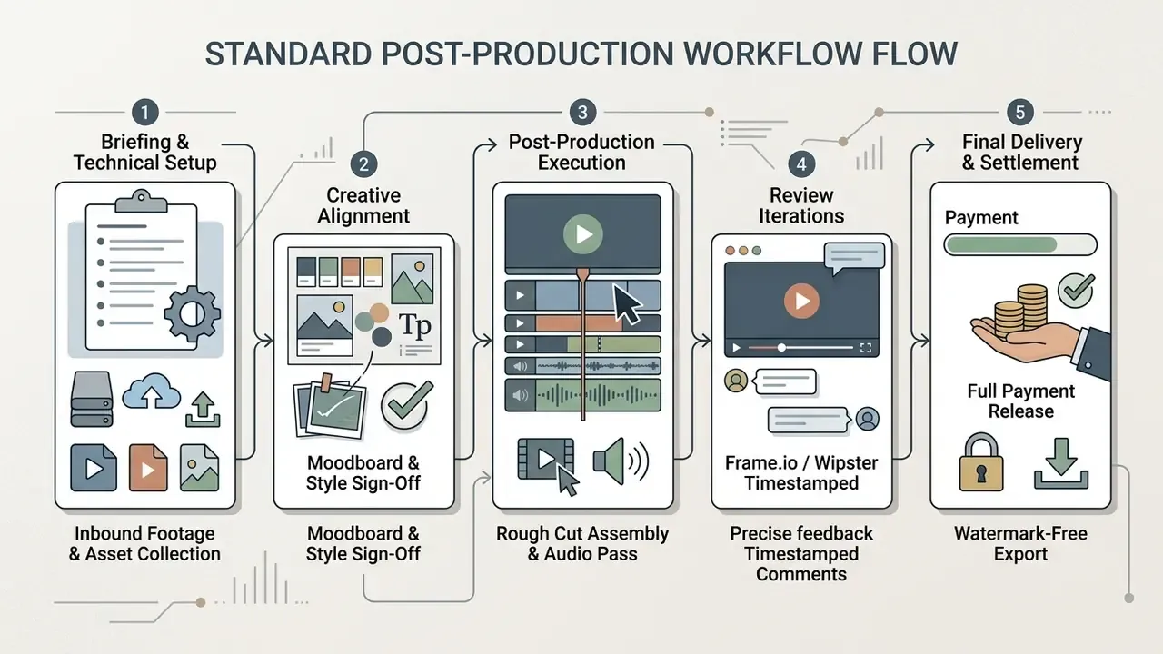 Five sequential steps for video production ranging from initial asset collection to final payment release