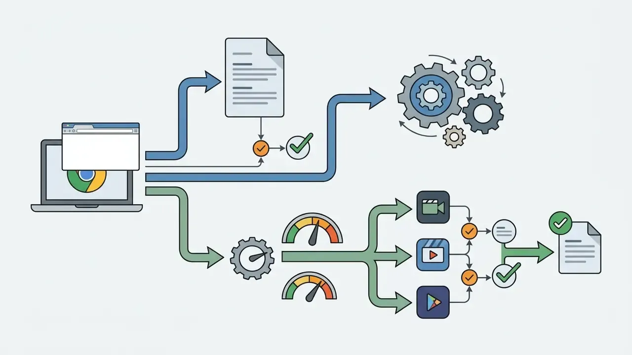 Web browser input branching into document processing and performance-based video editing workflows