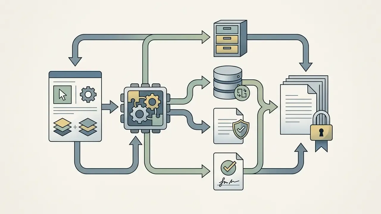 Data inputs flowing through a processor to storage modules and documents secured by a padlock