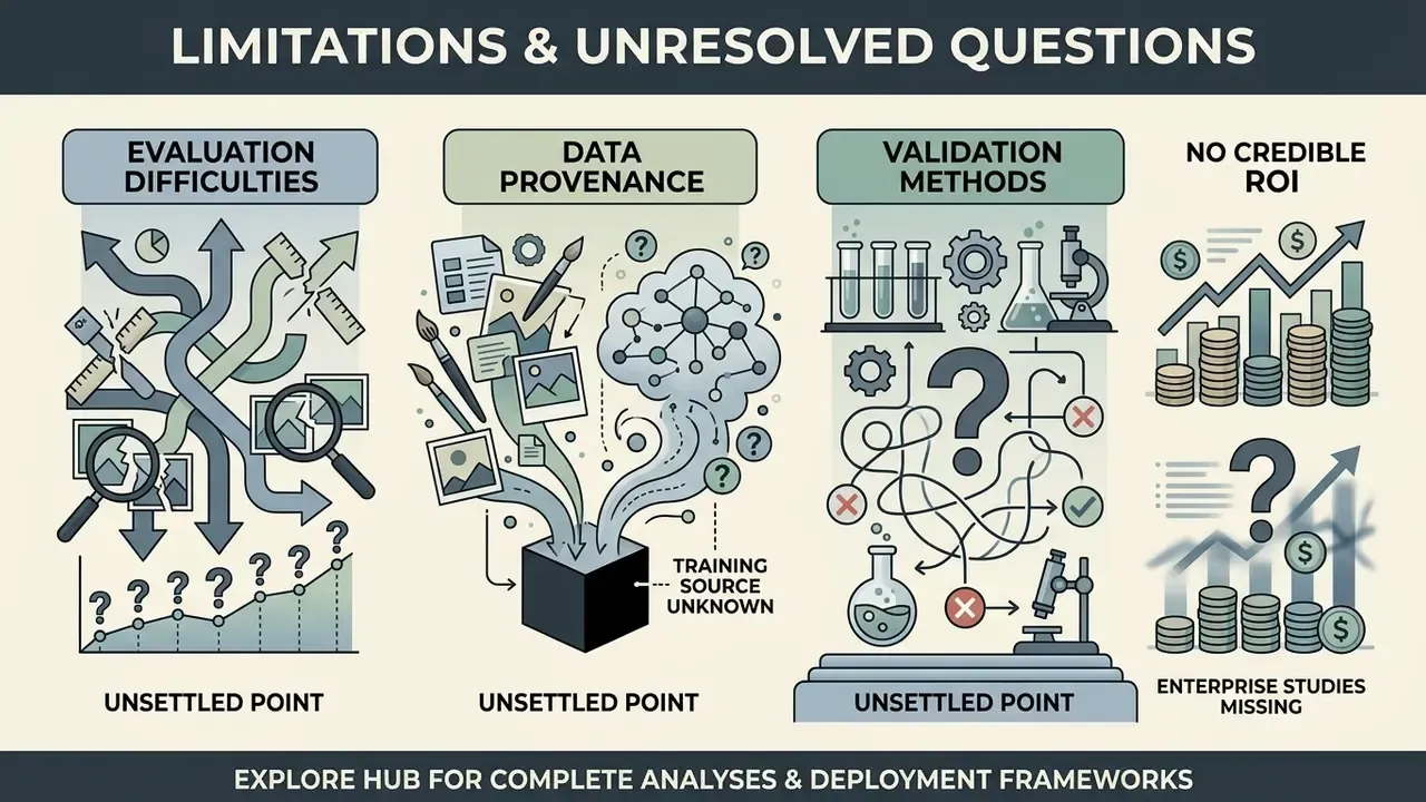 Four panels illustrating challenges with evaluation, data provenance, validation methods, and enterprise ROI