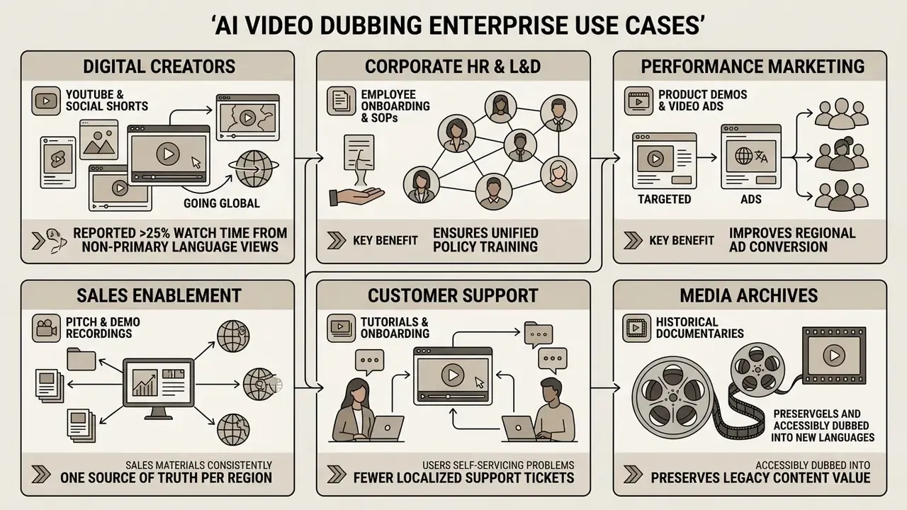 Grid of six boxes showing business applications for AI language localization across various industries