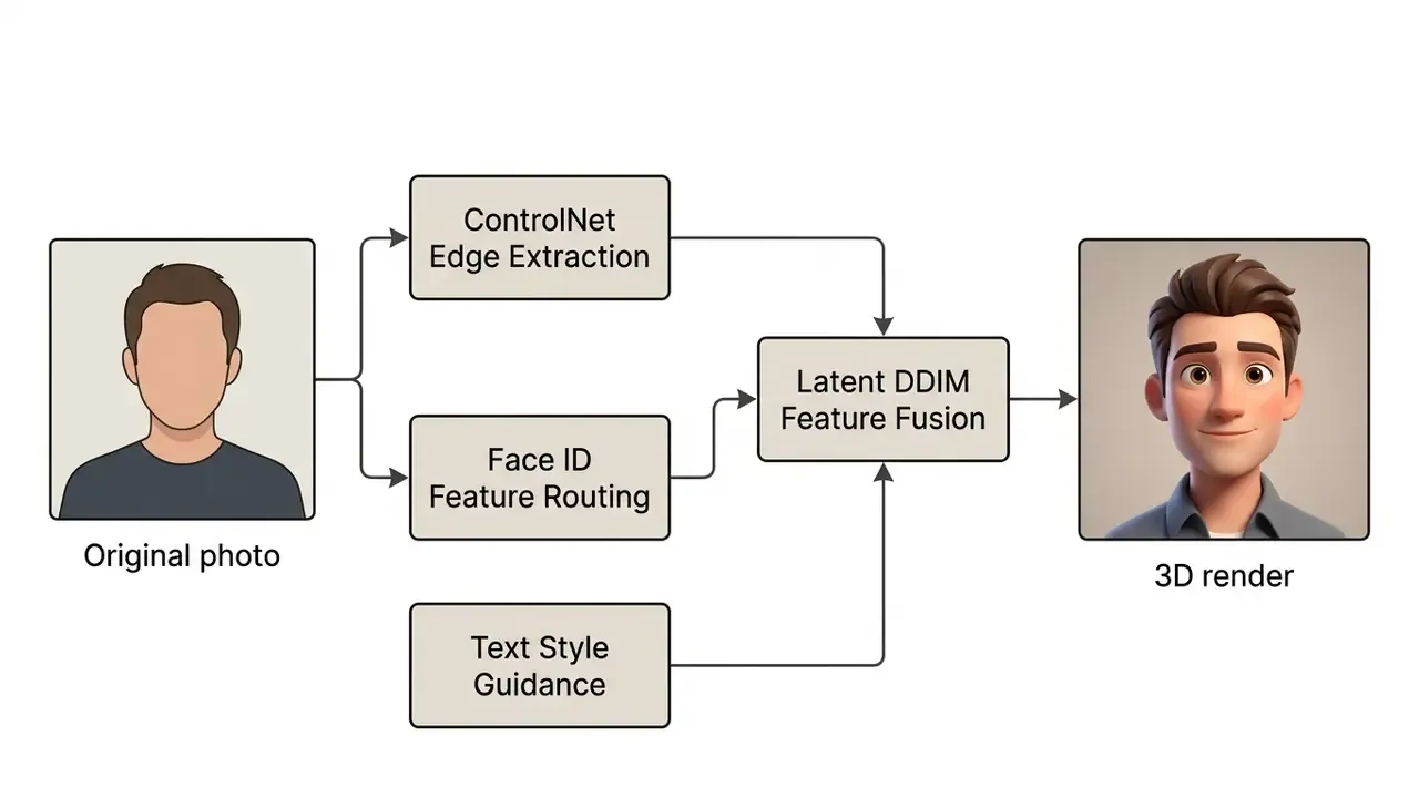 Diagram showing the technical steps to convert a human portrait into a stylized 3D character render