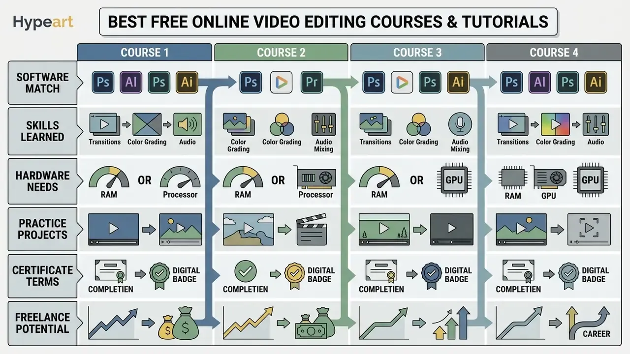 Comparison table evaluating four different video editing courses based on skills, hardware, and career growth