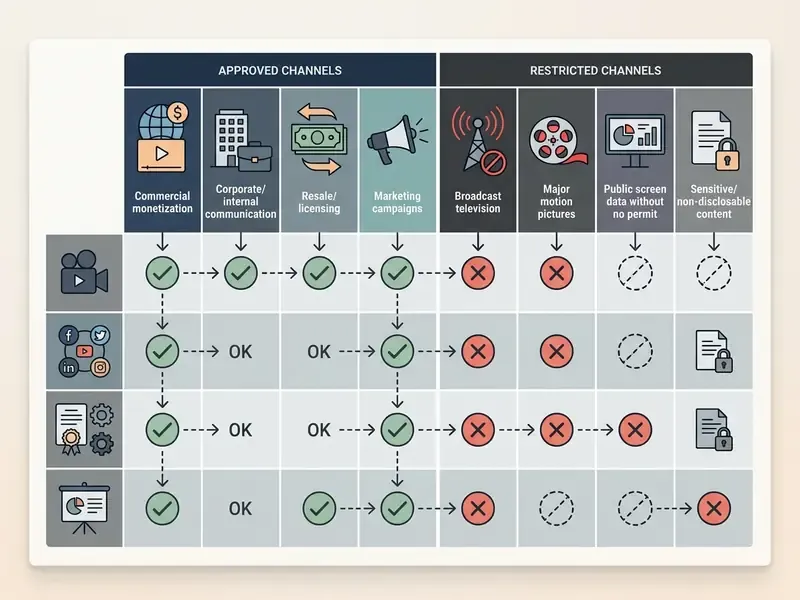 Decision matrix categorizing approved and restricted publishing channels for commercial video usage