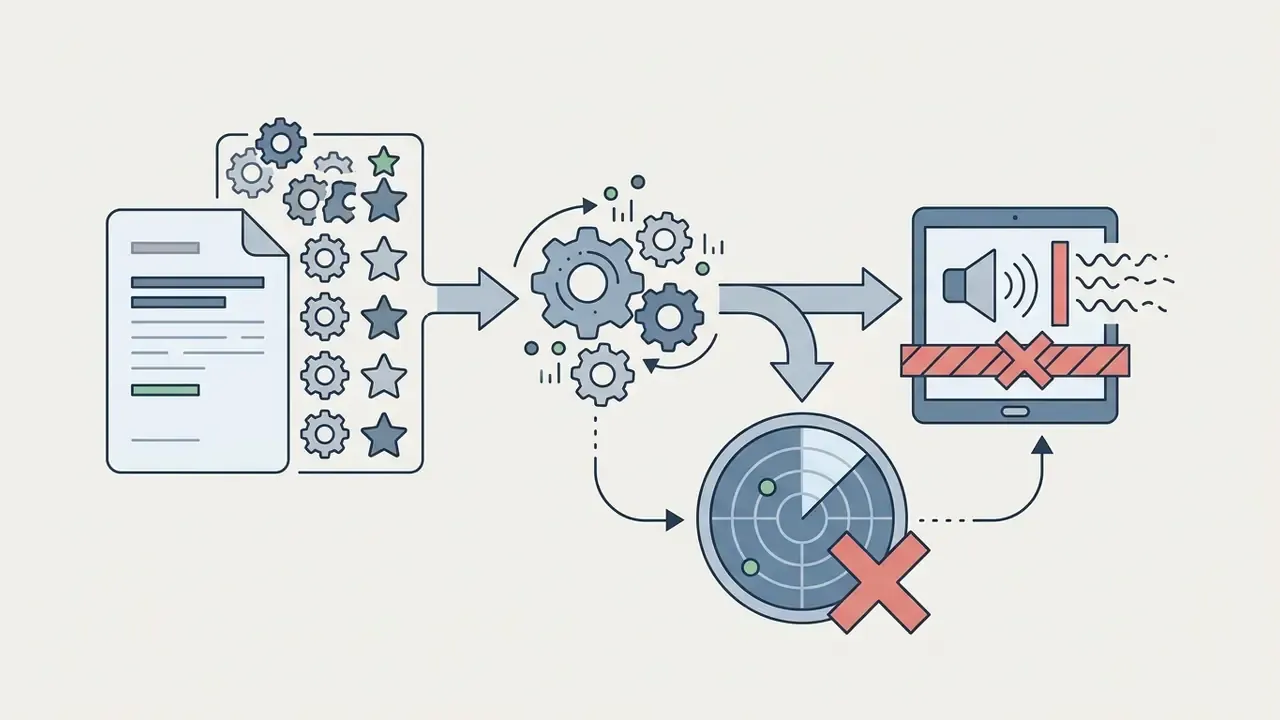 Document with gears and stars feeding into a processing unit that splits toward a tablet and a radar screen