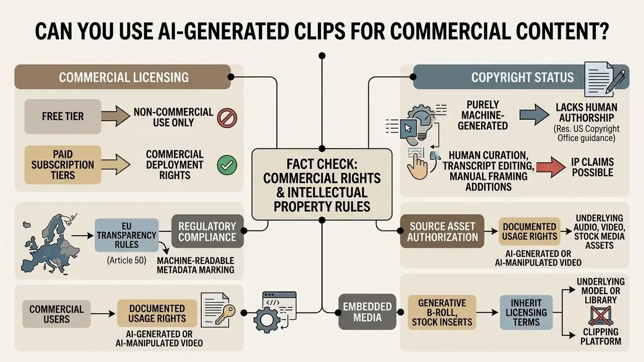Flowchart outlining legal and licensing requirements for commercial use of machine-generated video content