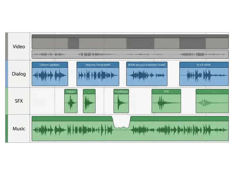 NLE timeline showing separate tracks for video, dialog, sound effects, and background music