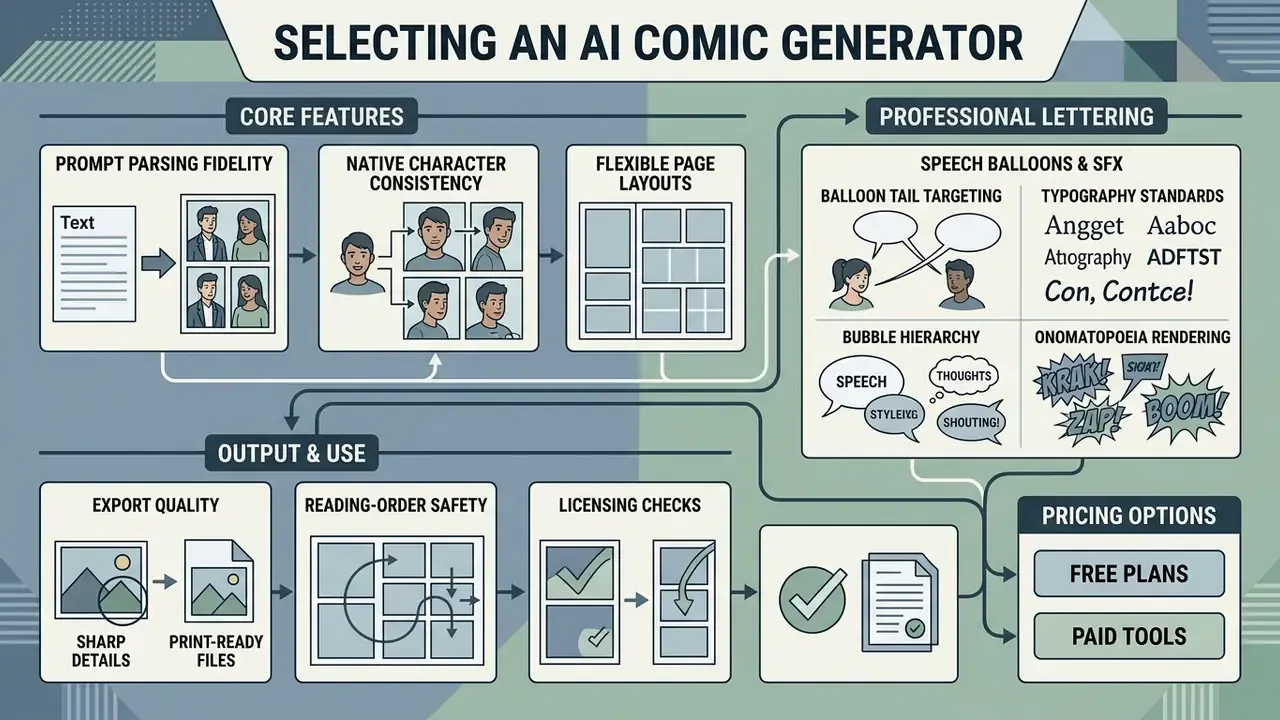 Visual guide outlining core features, professional lettering, output quality, and pricing for comic tools