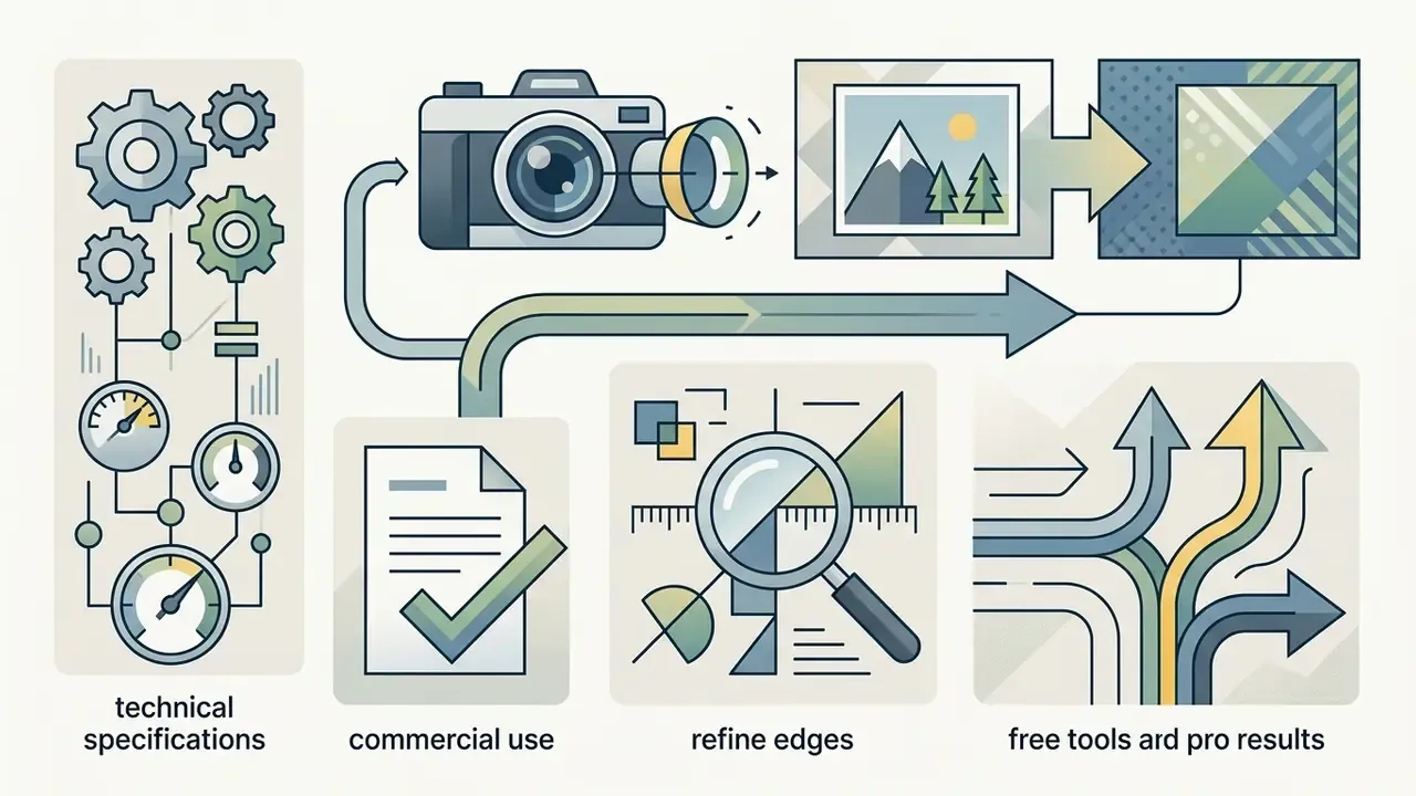 Conceptual icons showing camera processing, technical gauges, document verification, and edge refinement