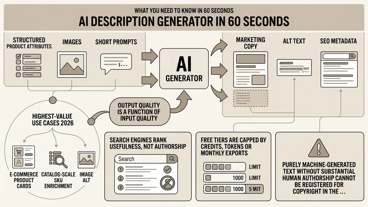 Flowchart showing how an AI description generator processes inputs into marketing copy and SEO metadata