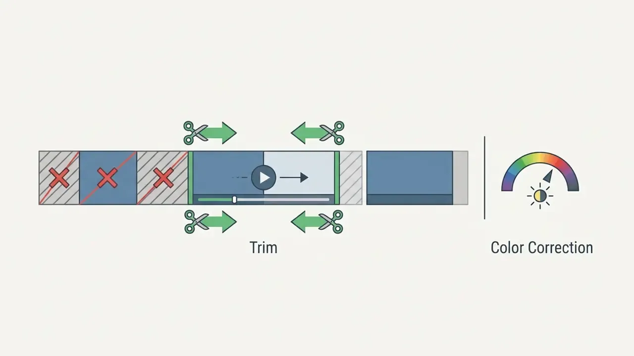 Video timeline with scissors icons for removing segments followed by a color correction gauge