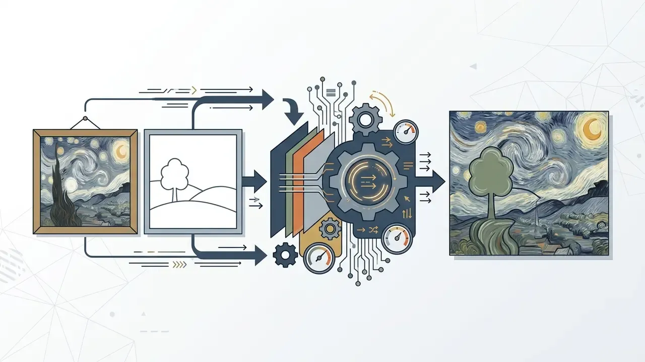Two input images merging through neural network layers and gears to produce a single stylized output