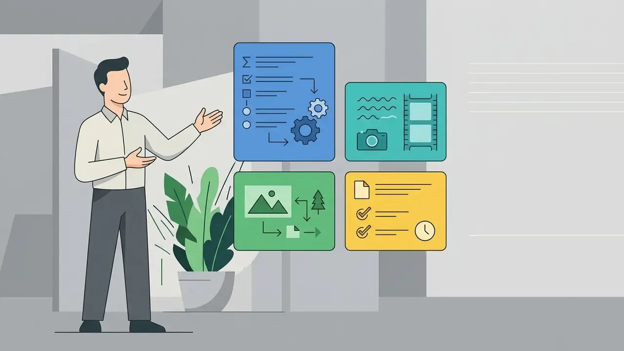 Friendly presenter gesturing toward floating cards with icons for tasks, media, and project planning