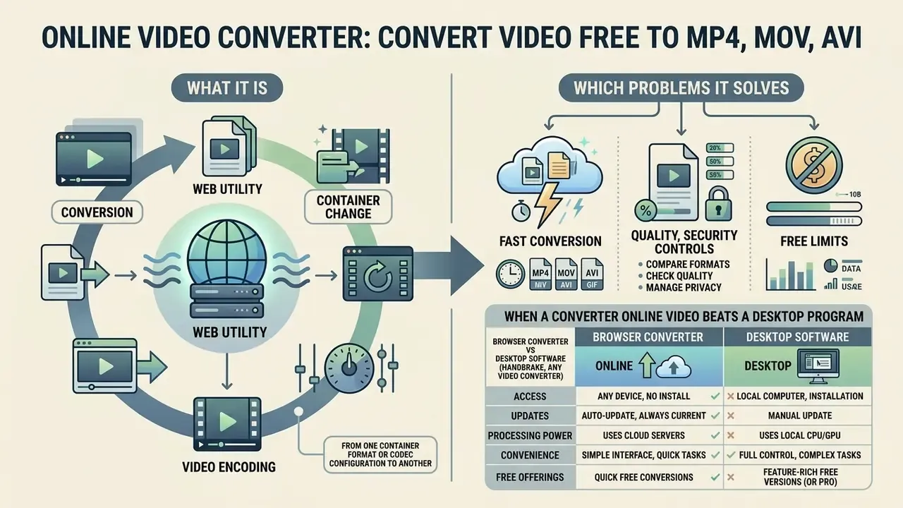 Infographic explaining how an online video converter functions and compares to desktop software
