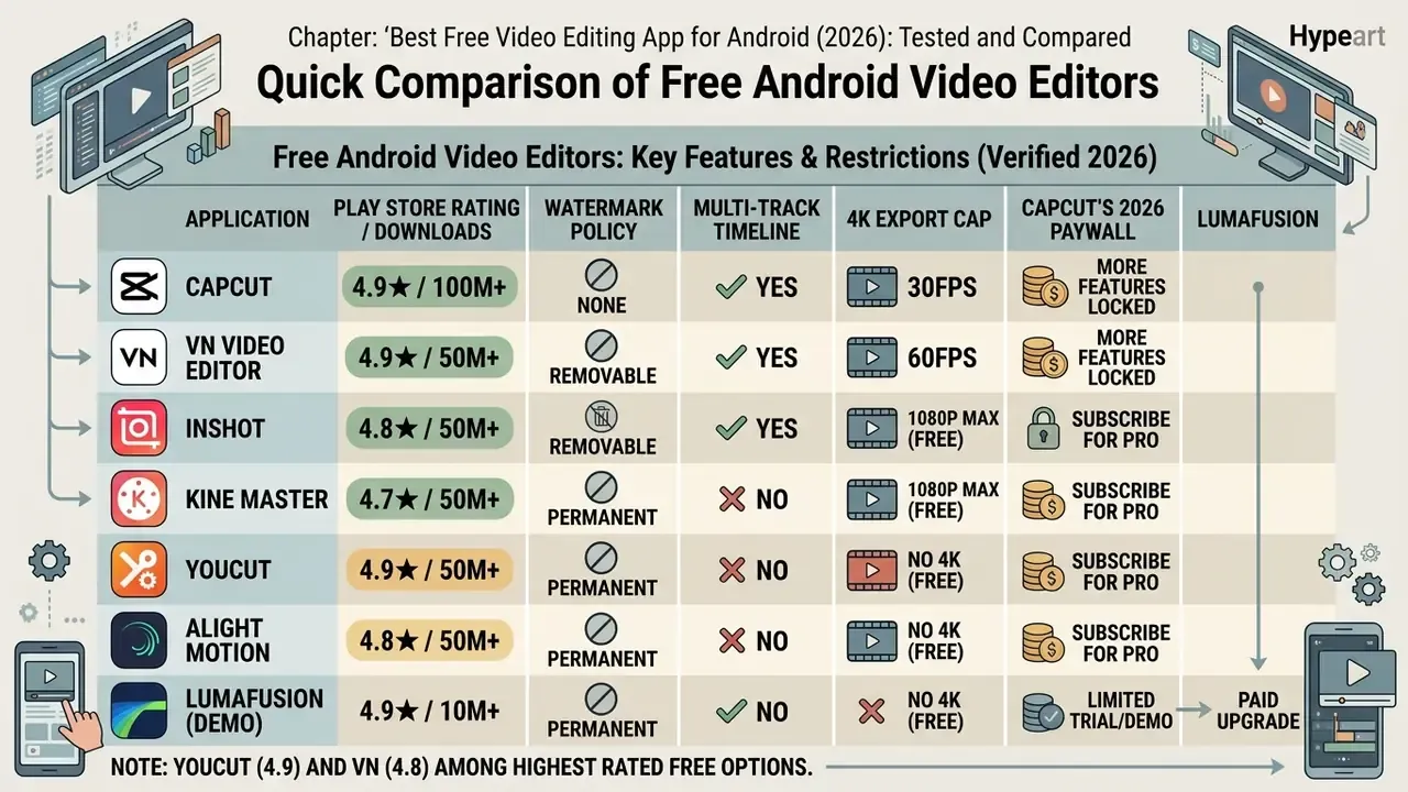 Comparison table displaying key features, export limits, and watermark policies for seven Android video editors