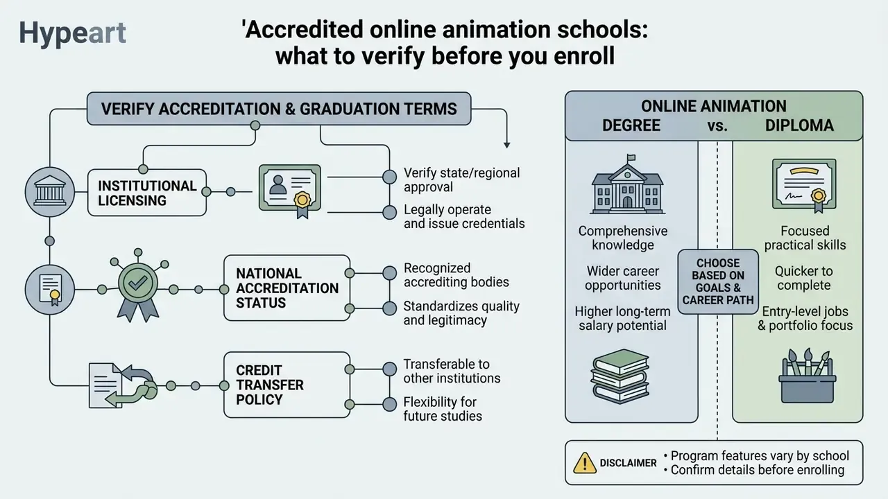 Infographic comparing degree and diploma programs while outlining key accreditation verification steps