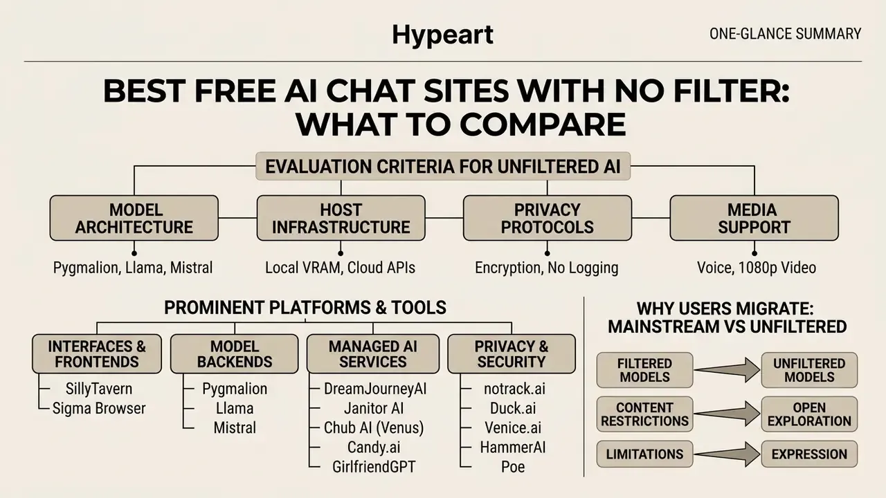 Diagram outlining evaluation criteria, popular platforms, and reasons for choosing unfiltered AI tools