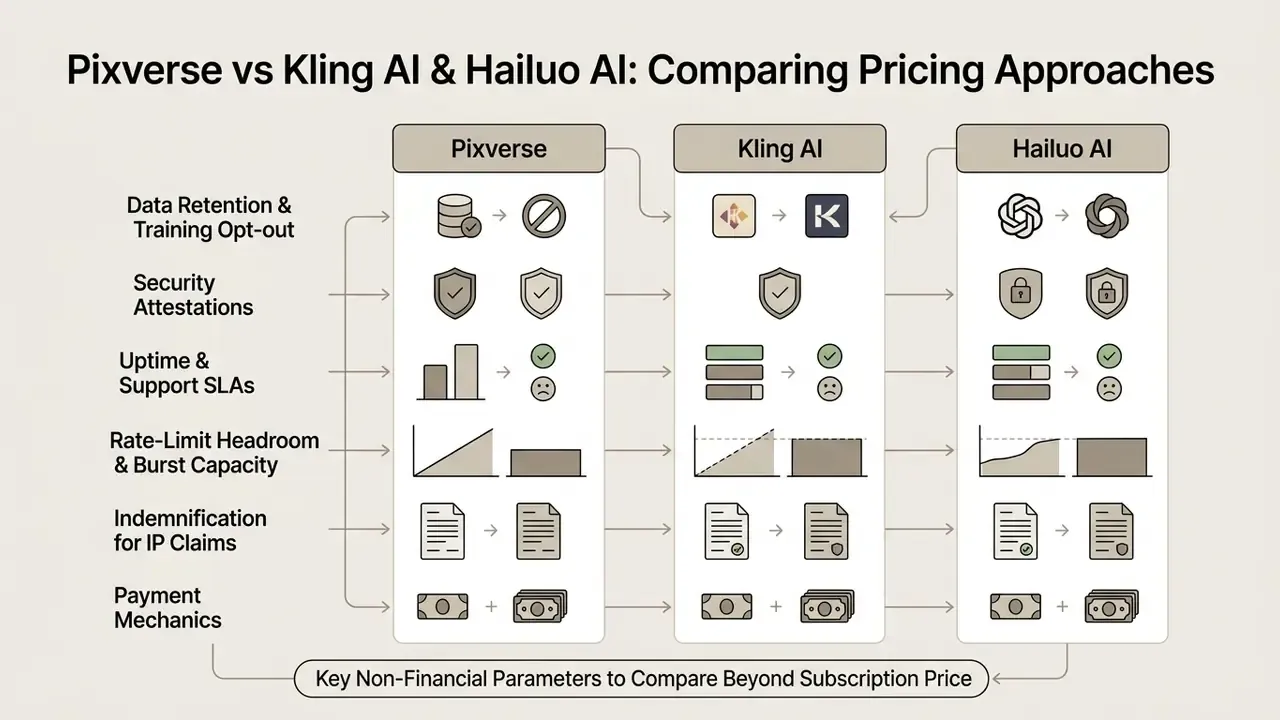 Comparison table of Pixverse, Kling AI, and Hailuo AI across enterprise terms like data and security