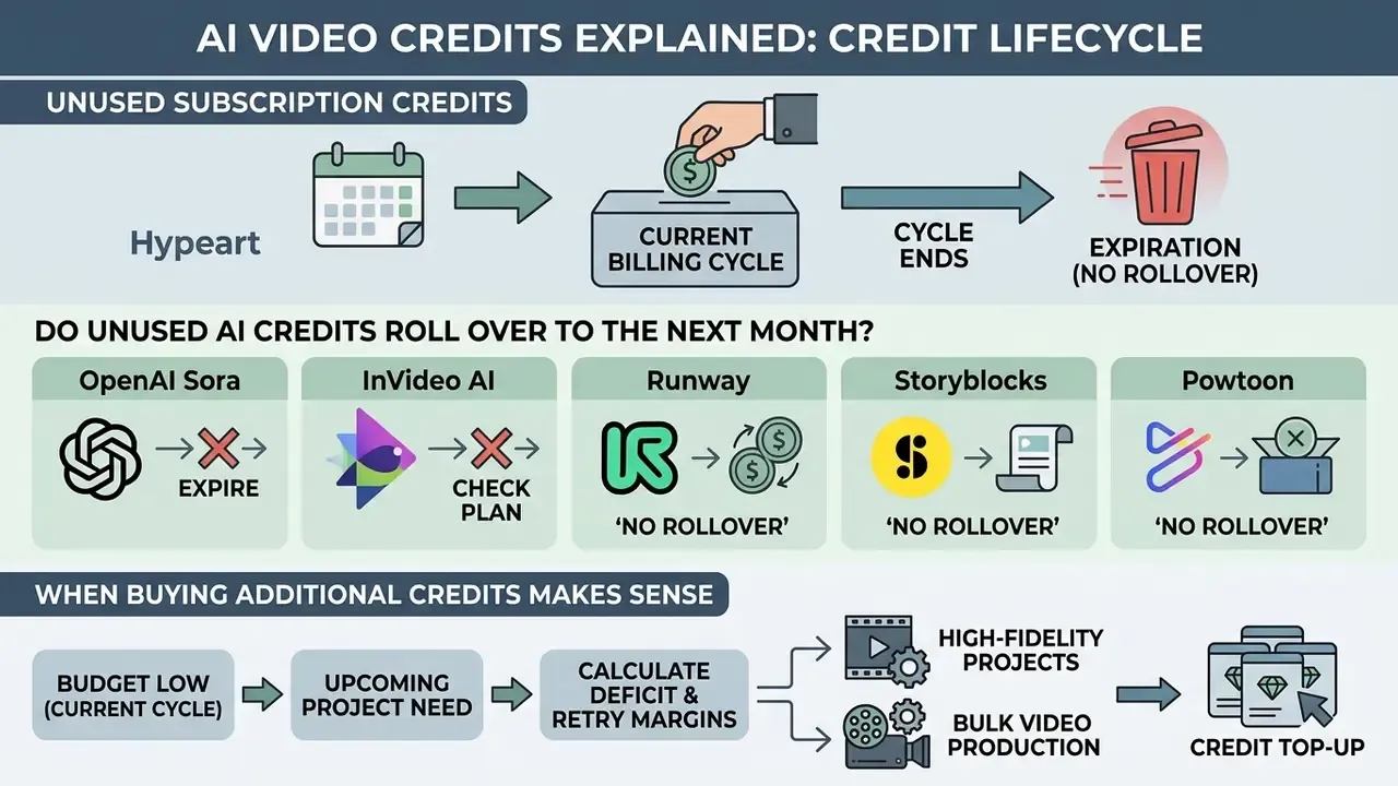 Diagram showing credit expiration rules for AI video platforms and the process for purchasing top-ups