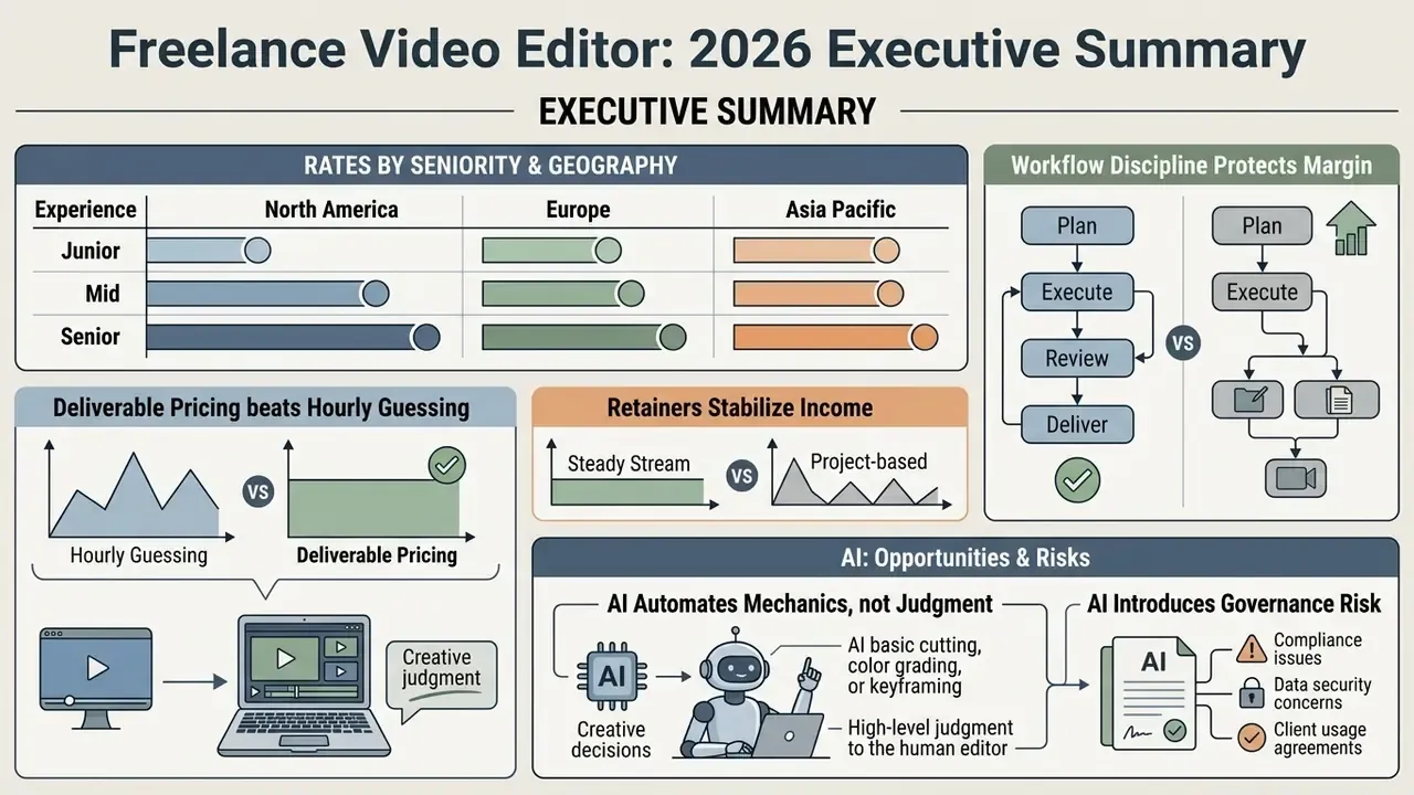 Infographic comparing freelance video editor rates, pricing models, workflow discipline, and AI usage