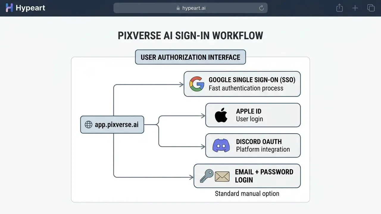 Flowchart showing authentication methods including Google, Apple, Discord, and email login options