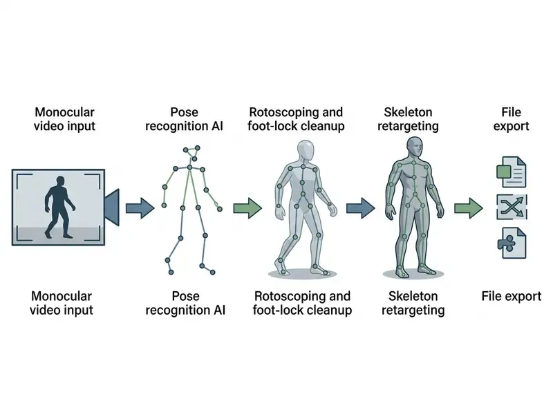 Process diagram showing monocular video input converted through AI pose recognition to a 3D rigged model