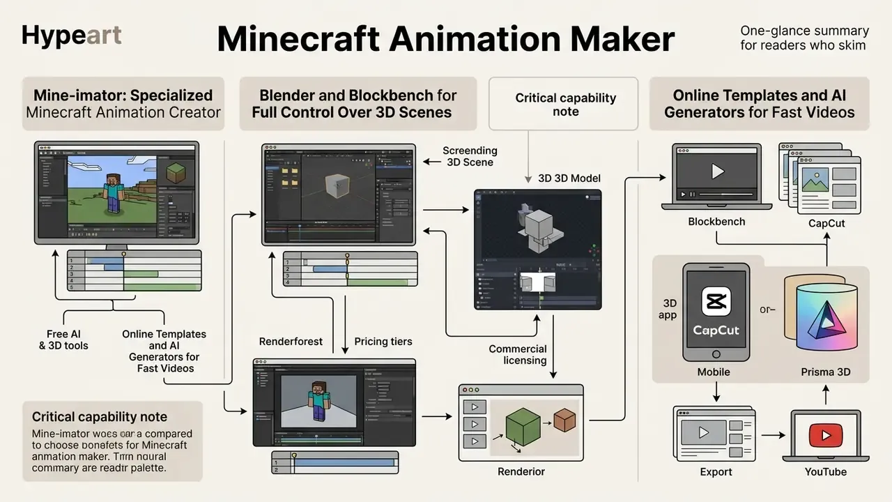 Summary chart categorizing software tools for creating Minecraft animations by workflow and capability