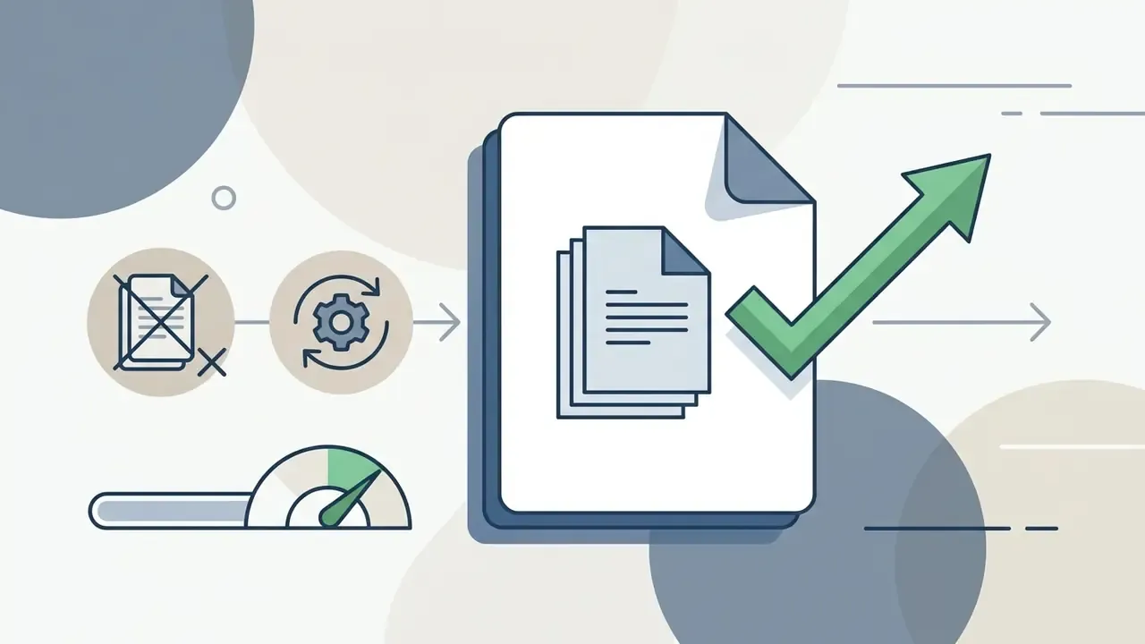 Document icons moving through a processing cycle toward a validated PDF file with a green checkmark