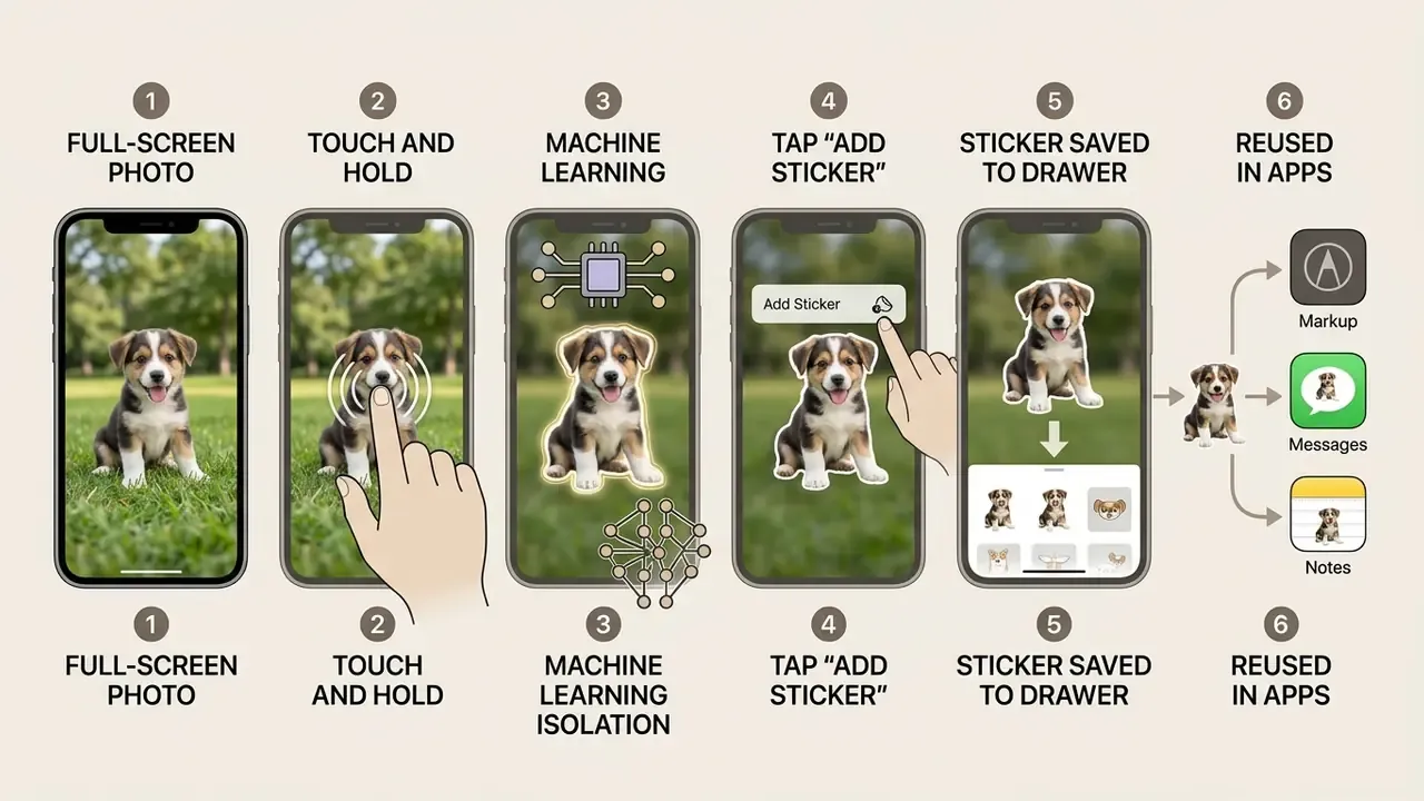 Six sequential steps illustrating how to add a sticker to a photo on iPhone using subject isolation