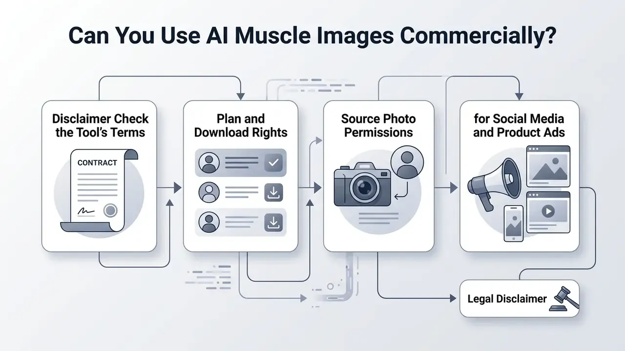 Step by step process flowchart outlining legal considerations for using generated physique content