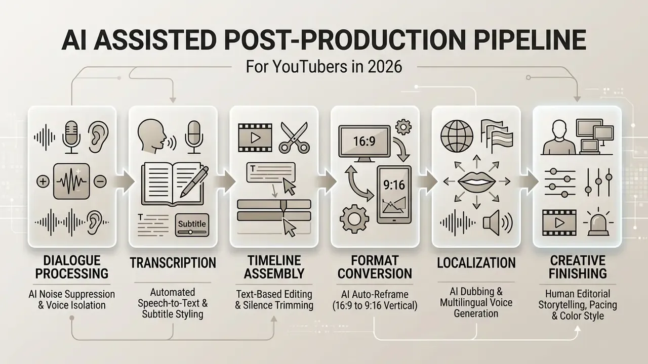 Step-by-step process flow showing AI tools for video editing from dialogue processing to final finishing