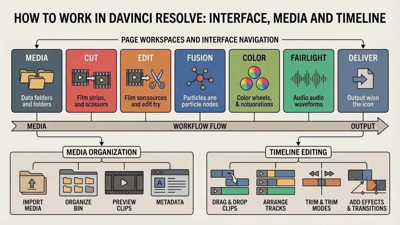 Diagram detailing the DaVinci Resolve workflow from media organization to timeline editing and final output