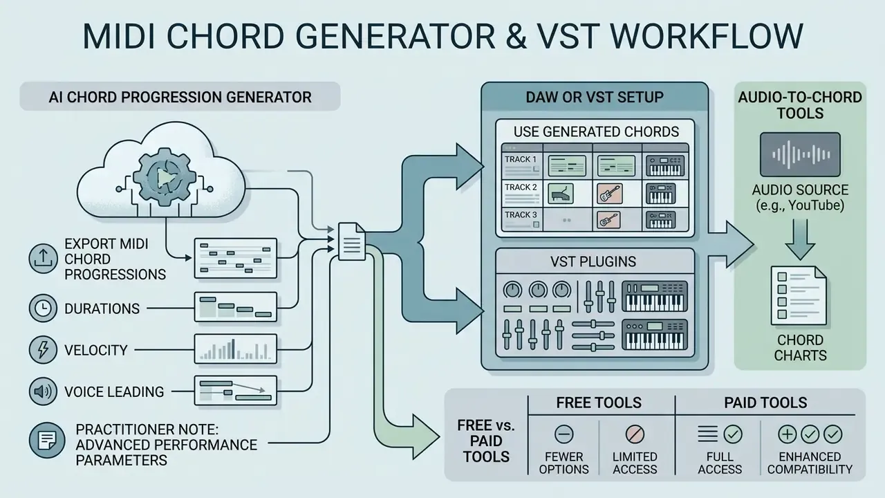 Infographic showing how an AI chord progression generator exports MIDI data into a DAW and VST environment